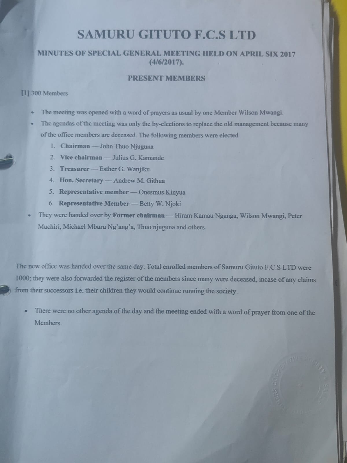 Original Special General Meeting minutes document, 6 April 2017