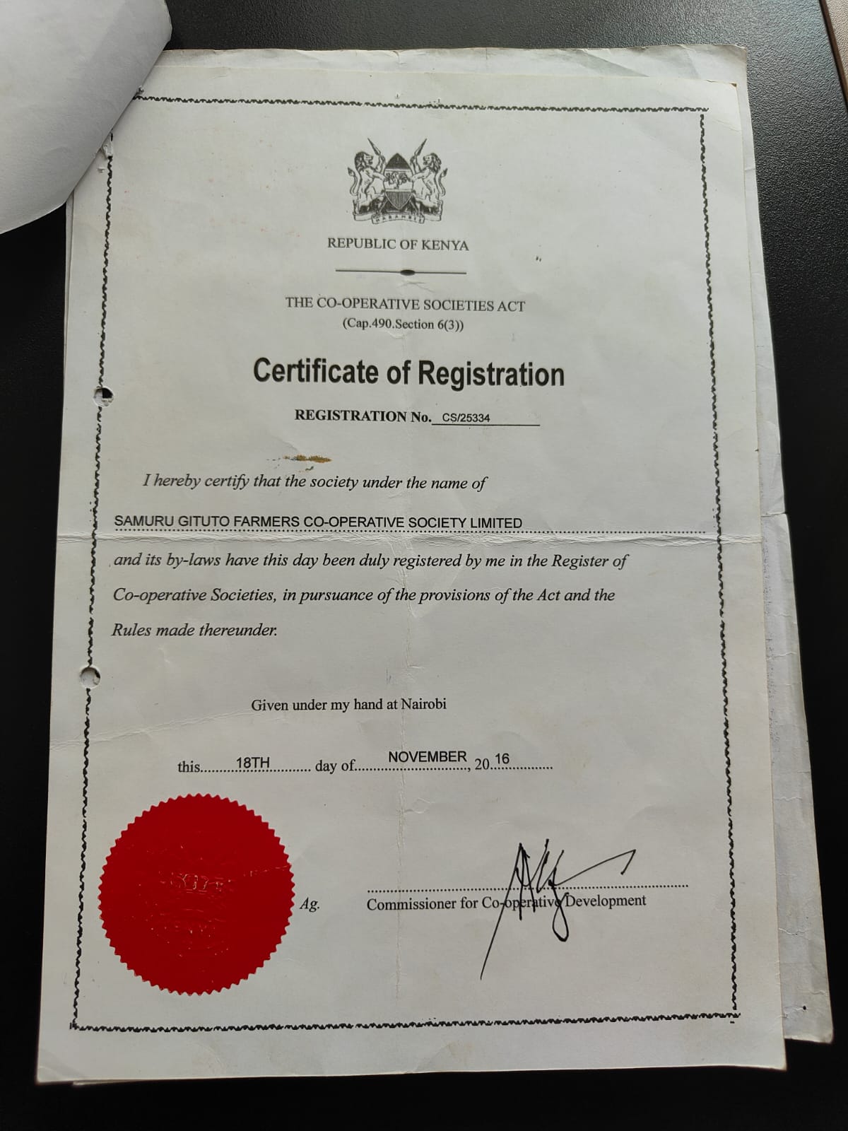 Original certificate of registration CS/1218